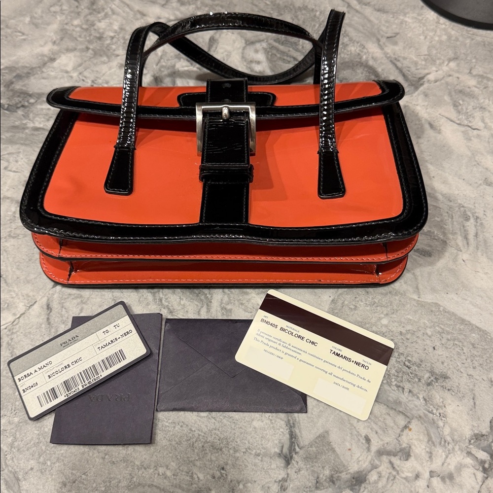 Prada Orange and Black Patent Leather Satchel - Picture 9 of 9